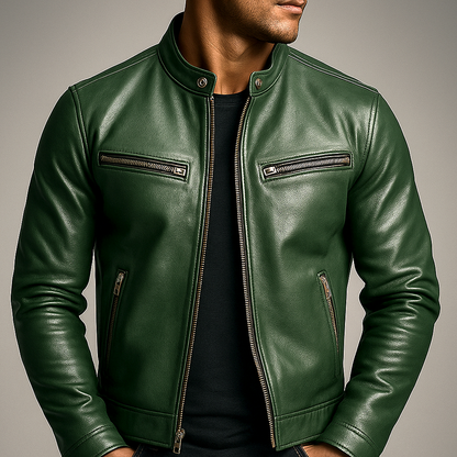 Men's Faux Leather Biker Jacket with Stand Collar and Zip Closure