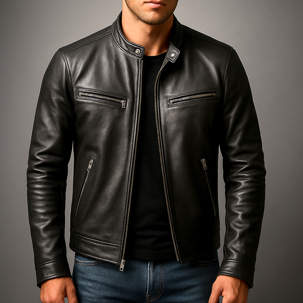 Men's Faux Leather Biker Jacket with Stand Collar and Zip Closure