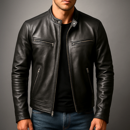 Men's Faux Leather Biker Jacket with Stand Collar and Zip Closure