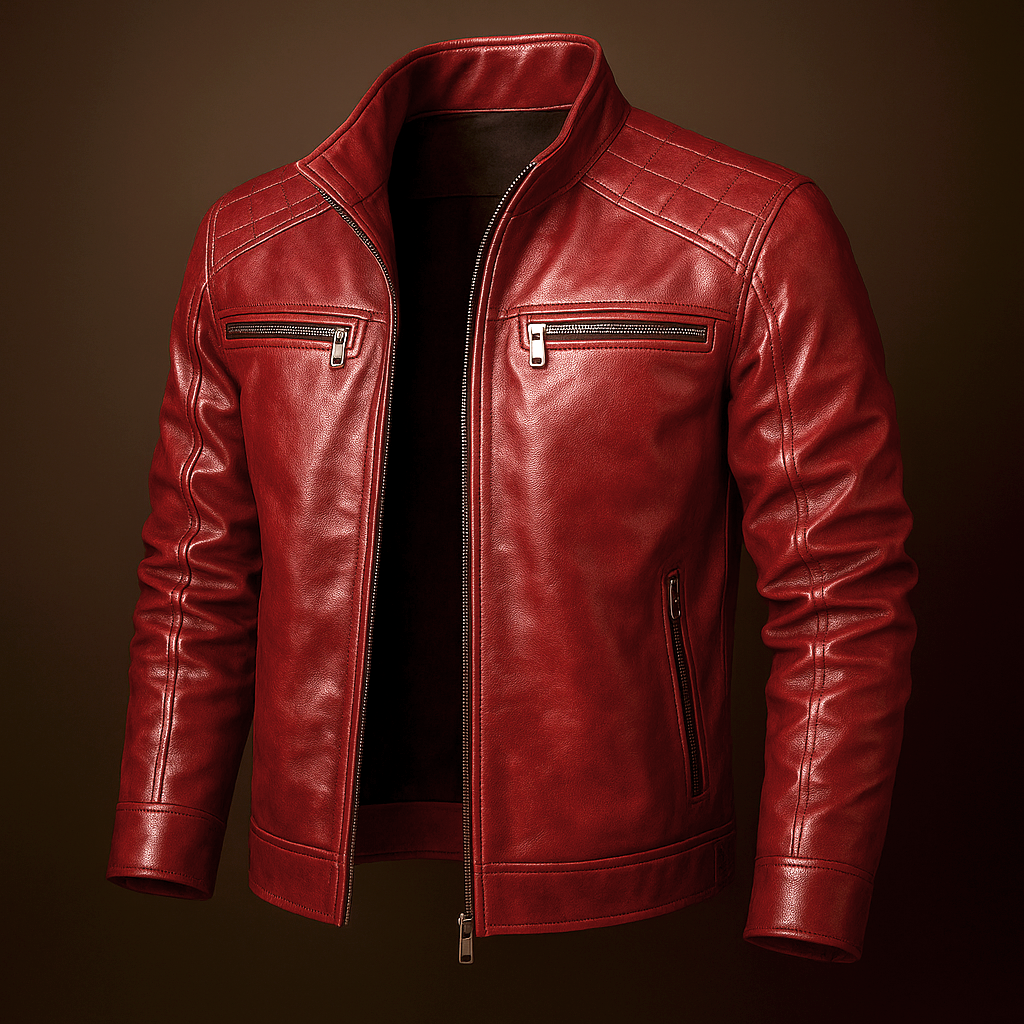 Men's Faux Leather Biker Jacket with Stand Collar and Zip Closure