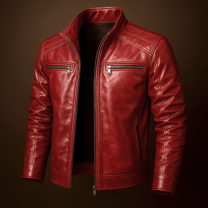Men's Faux Leather Biker Jacket with Stand Collar and Zip Closure