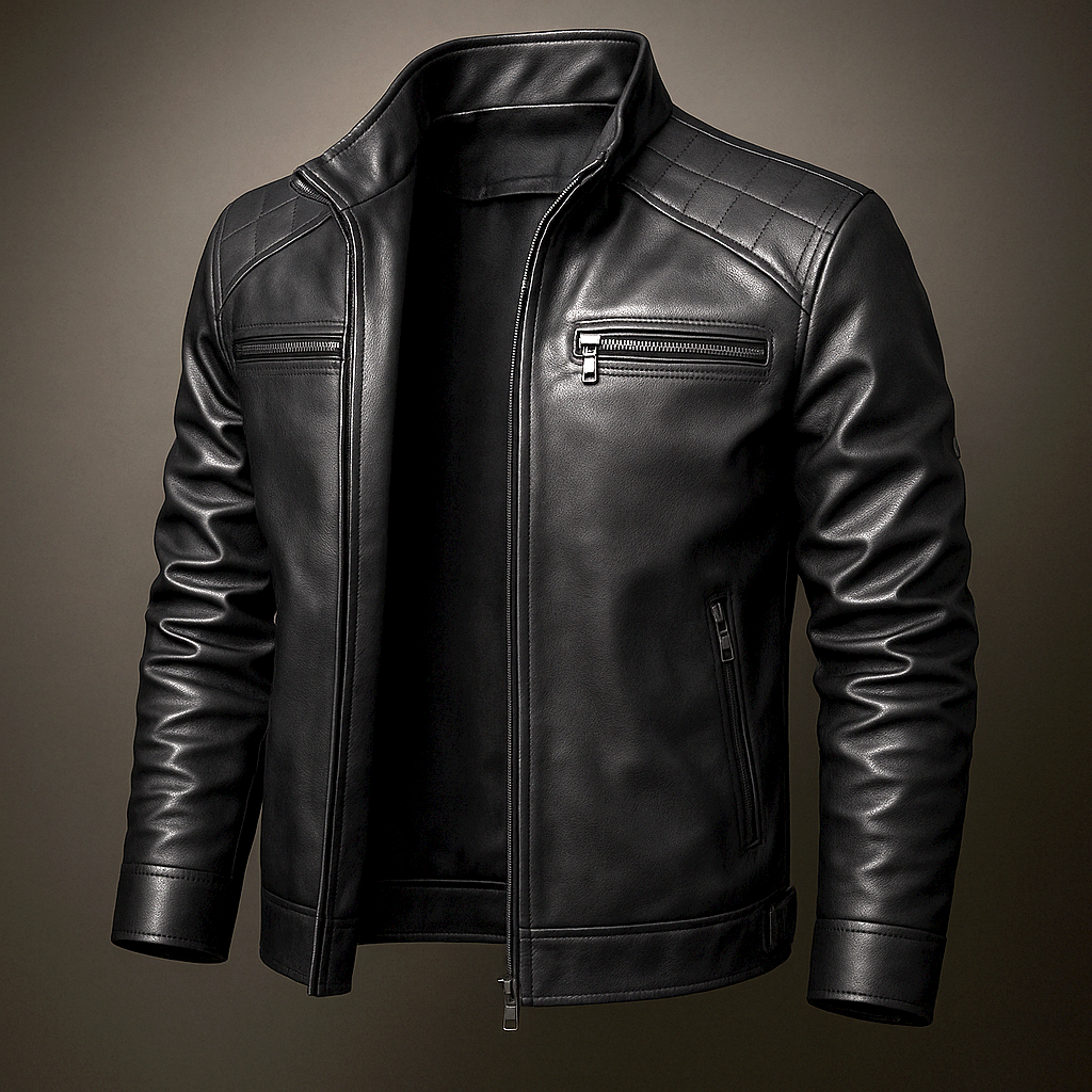 Men's Faux Leather Biker Jacket with Stand Collar and Zip Closure