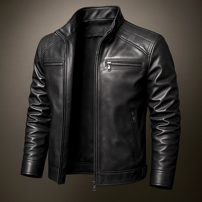 Men's Faux Leather Biker Jacket with Stand Collar and Zip Closure