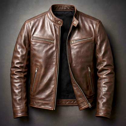 Men's Faux Leather Biker Jacket with Stand Collar and Zip Closure