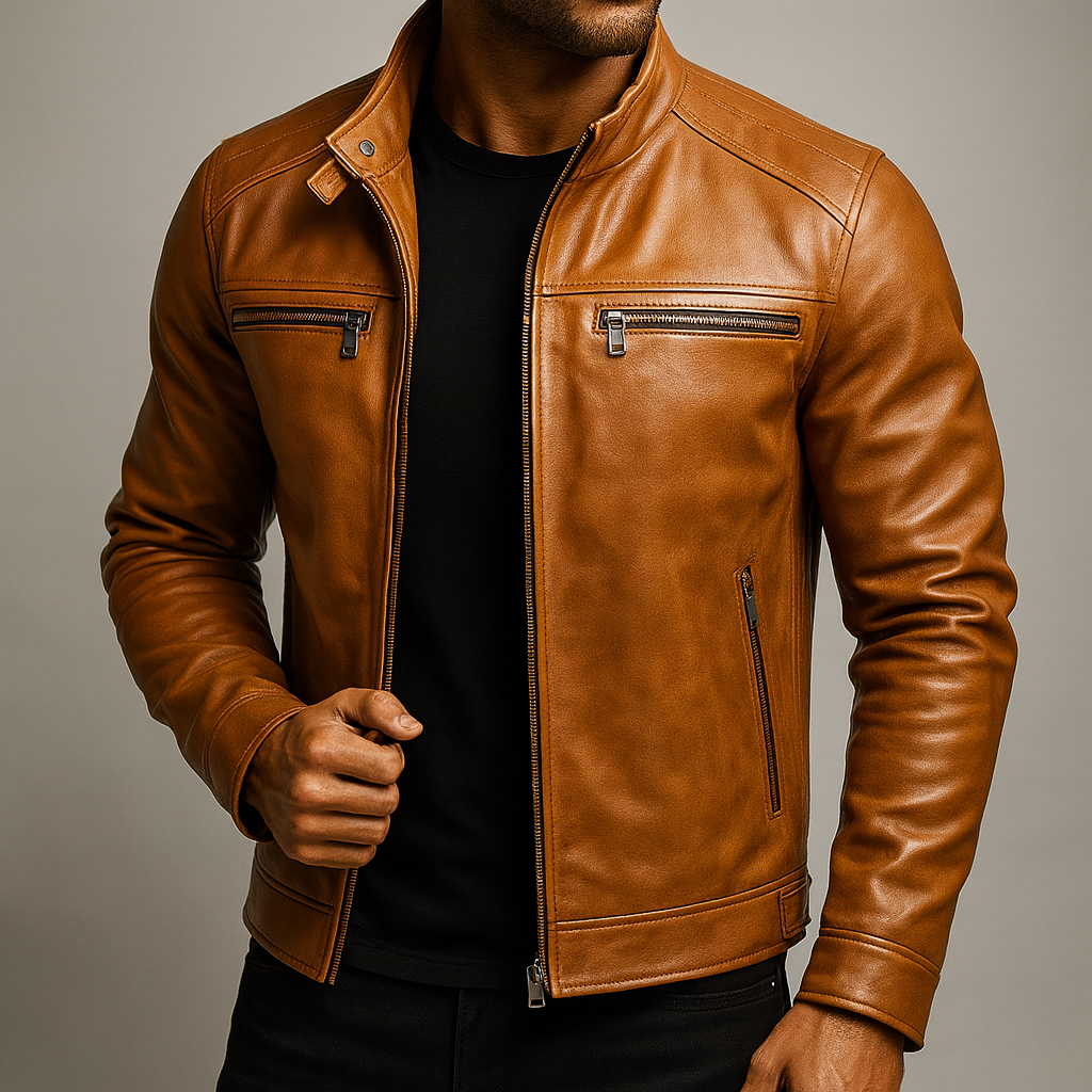 Men's Faux Leather Biker Jacket with Stand Collar and Zip Closure