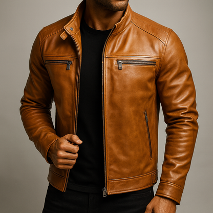 Men's Faux Leather Biker Jacket with Stand Collar and Zip Closure