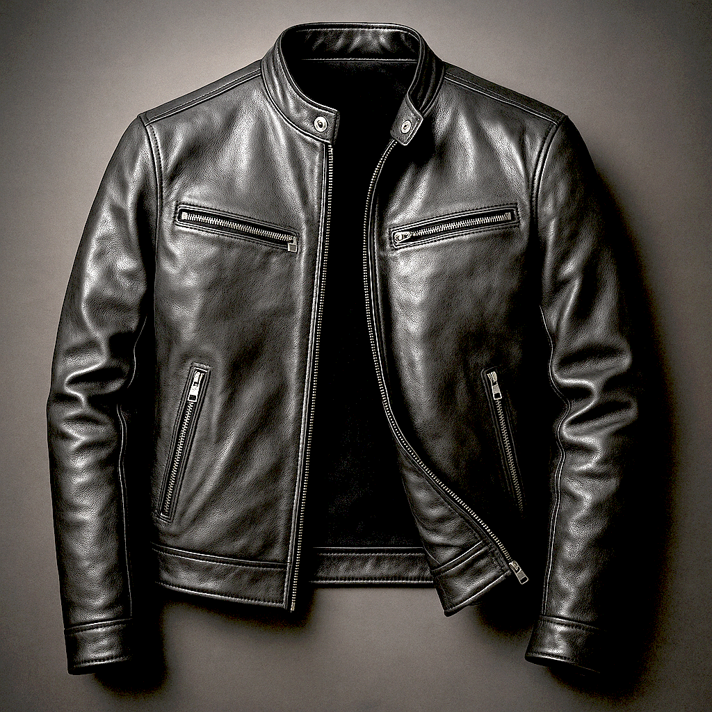 Men's Faux Leather Biker Jacket with Stand Collar and Zip Closure