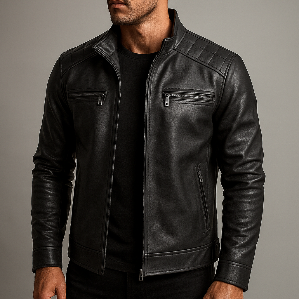 Men's Faux Leather Biker Jacket with Stand Collar and Zip Closure