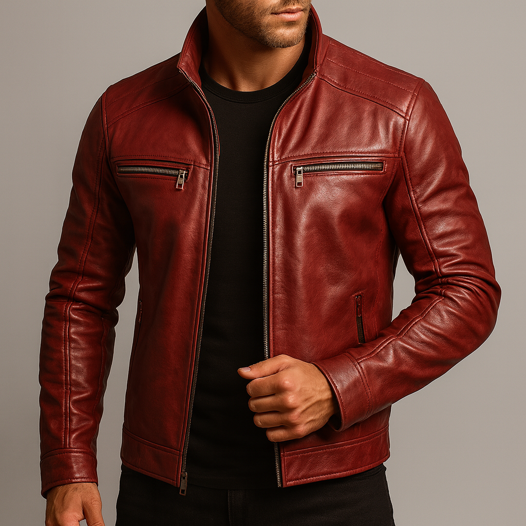 Men's Faux Leather Biker Jacket with Stand Collar and Zip Closure