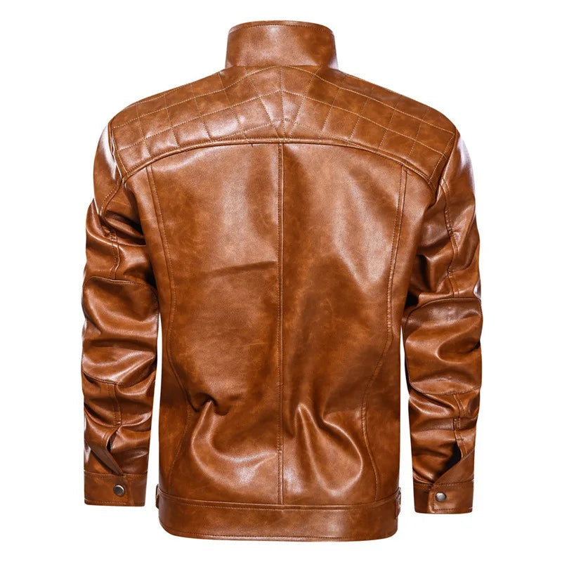 Men's Faux Leather Biker Jacket with Stand Collar and Zip Closure