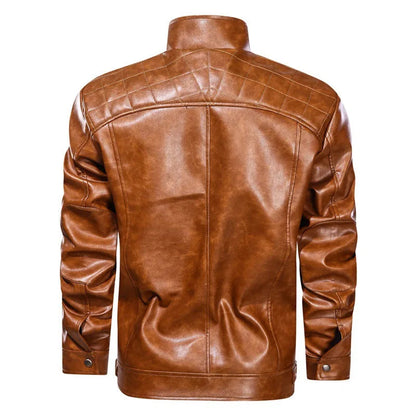 Men's Faux Leather Biker Jacket with Stand Collar and Zip Closure