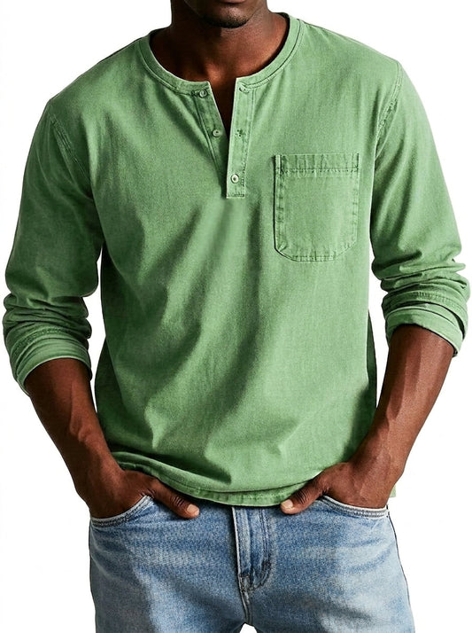 Men's Henley Long Sleeve T-Shirt with Chest Pocket and Crew Neck - 1
