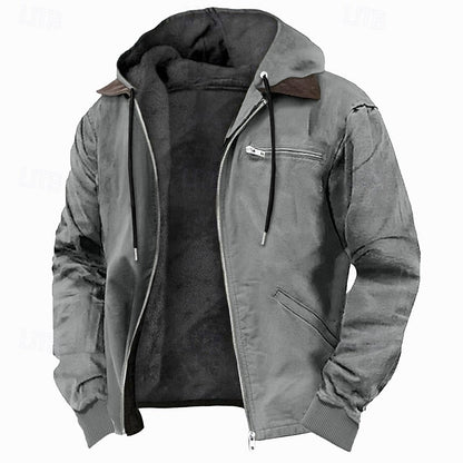 Men's Hooded Winter Jacket with Full-Zip Closure and Fleece-Lined Interior
