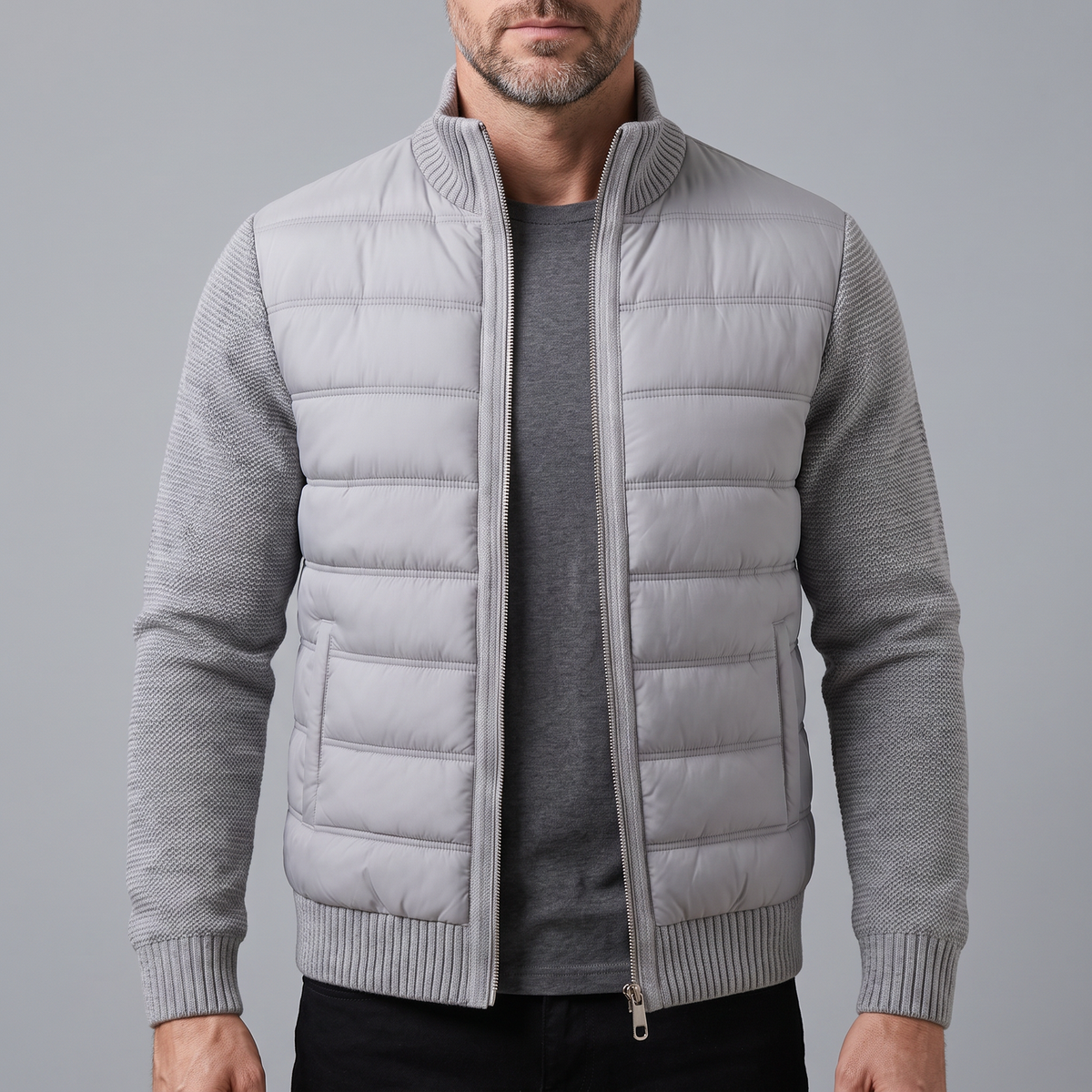 Men's Hybrid Puffer Jacket with Stand Collar and Full Zip