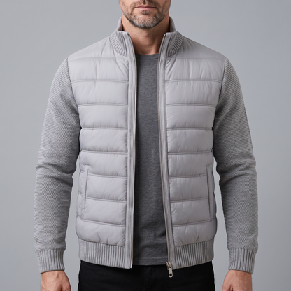 Men's Hybrid Puffer Jacket with Stand Collar and Full Zip