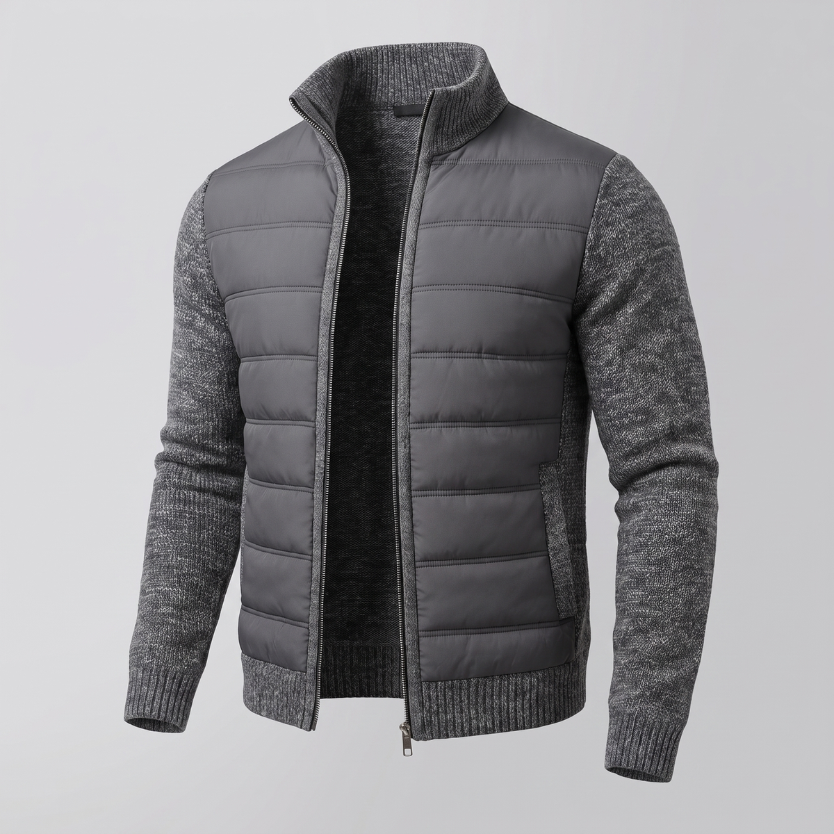 Men's Hybrid Puffer Jacket with Stand Collar and Full Zip