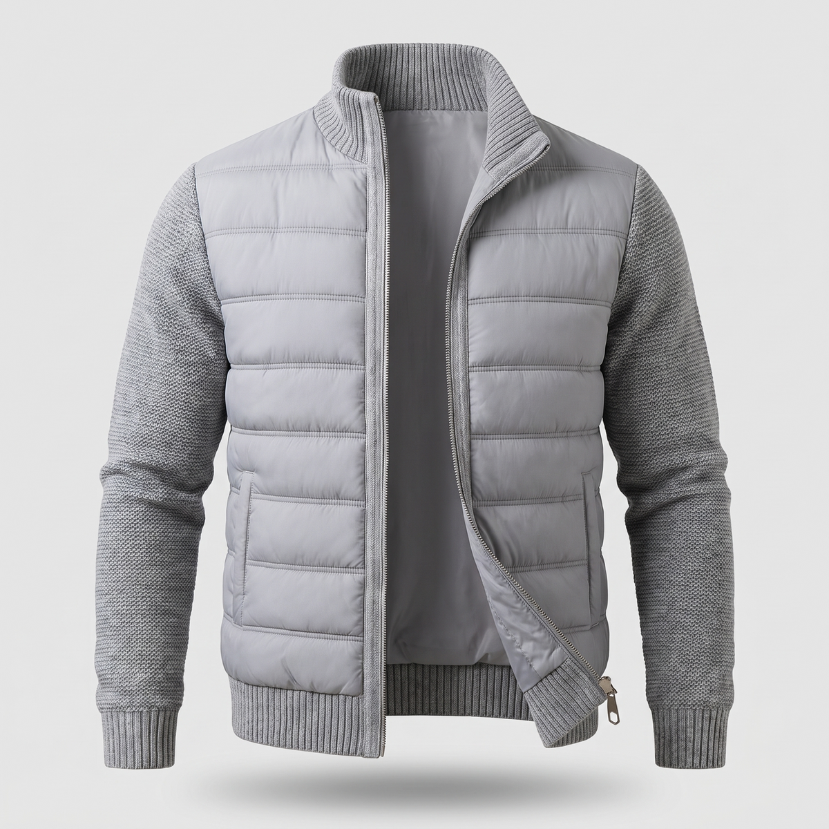 Men's Hybrid Puffer Jacket with Stand Collar and Full Zip