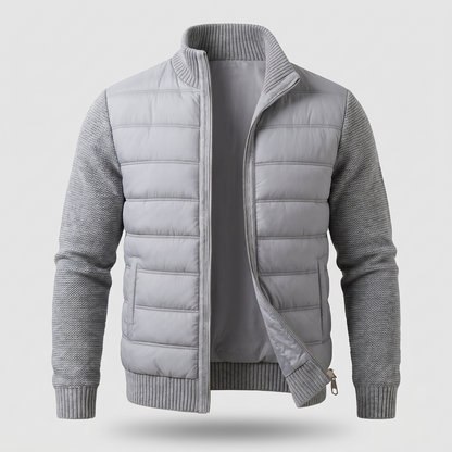 Men's Hybrid Puffer Jacket with Stand Collar and Full Zip