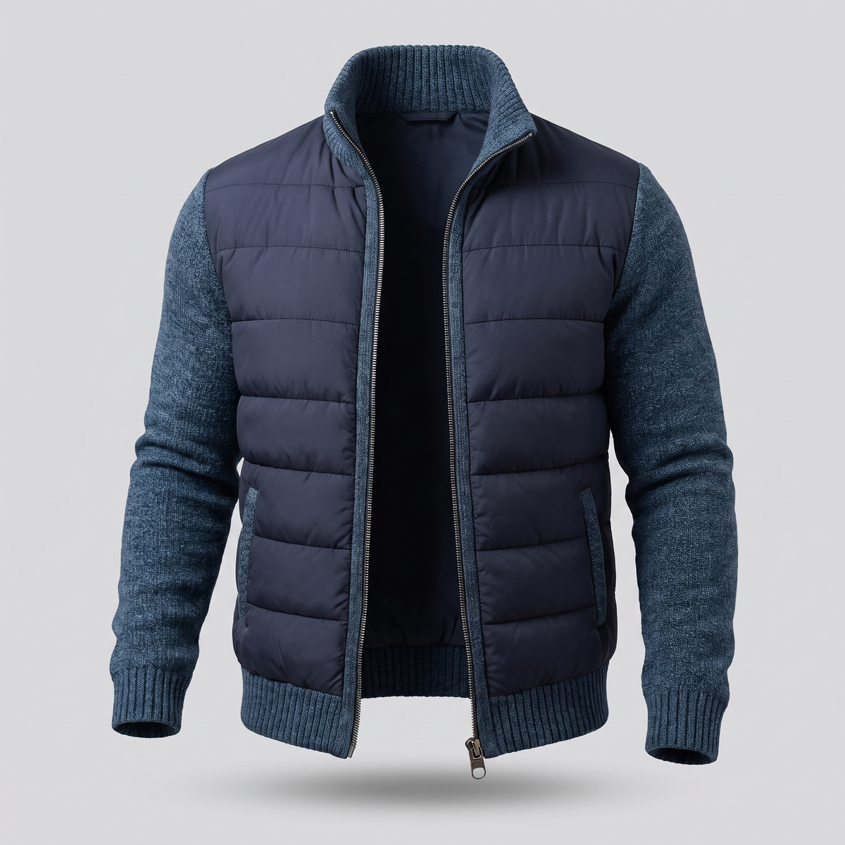 Men's Hybrid Puffer Jacket with Stand Collar and Full Zip
