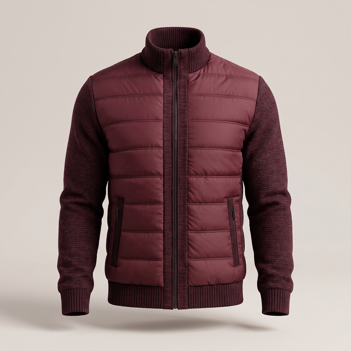 Men's Hybrid Puffer Jacket with Stand Collar and Full Zip