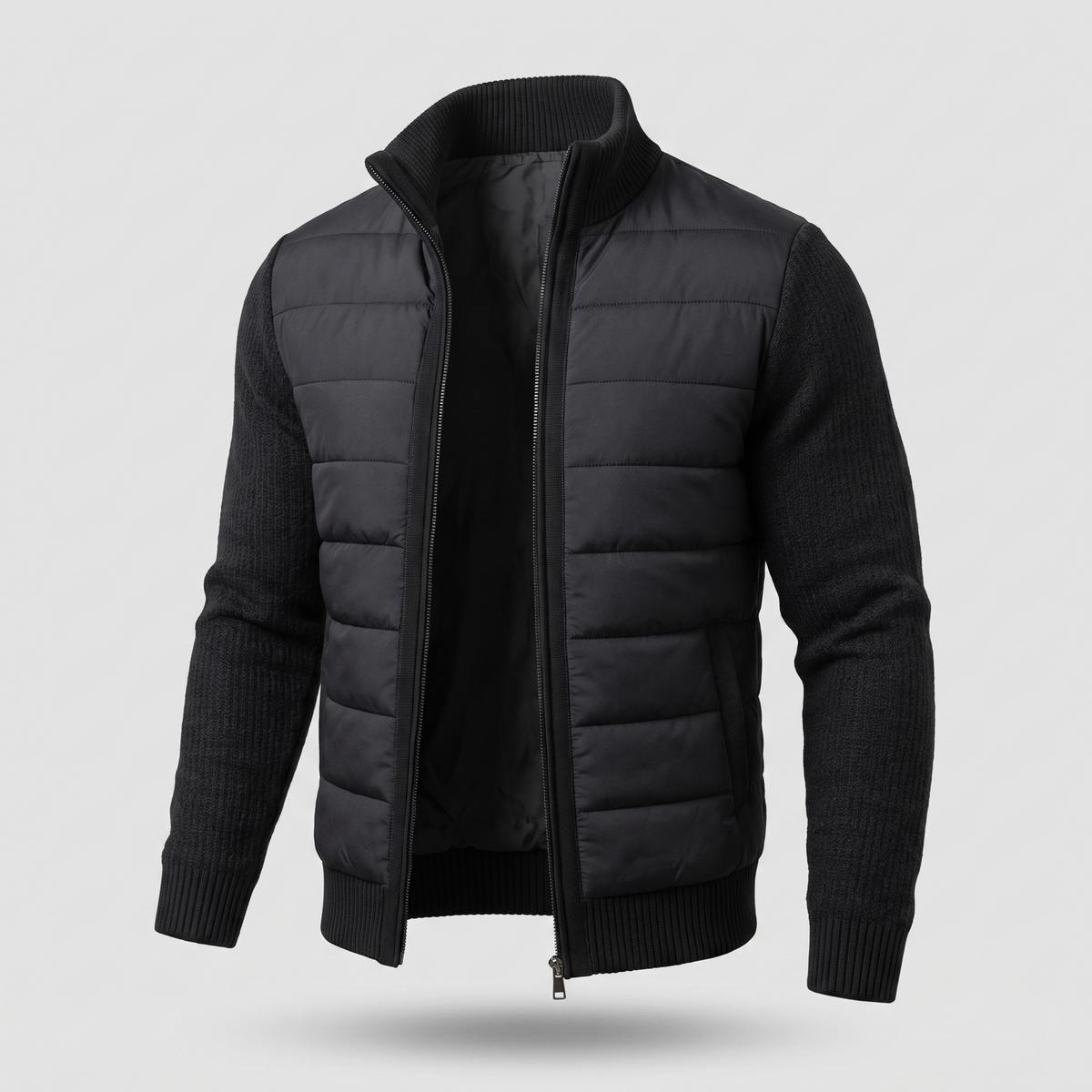 Men's Hybrid Puffer Jacket with Stand Collar and Full Zip