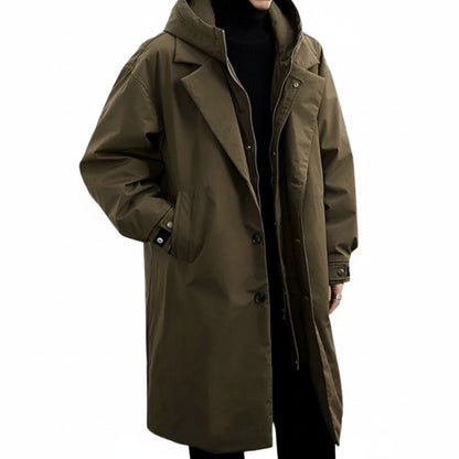 Men's Long Hooded Winter Coat with Notch Lapel and Button Zip Closure