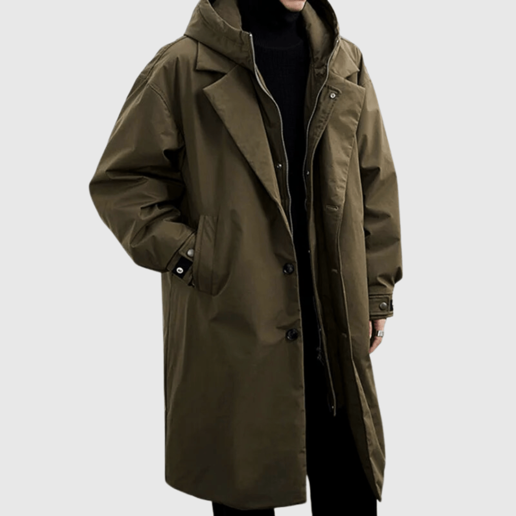 Men's Long Hooded Winter Coat with Notch Lapel and Button Zip Closure