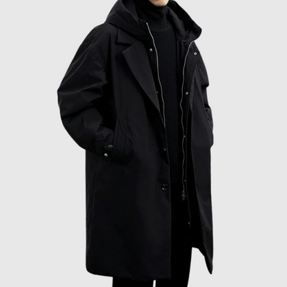 Men's Long Hooded Winter Coat with Notch Lapel and Button Zip Closure