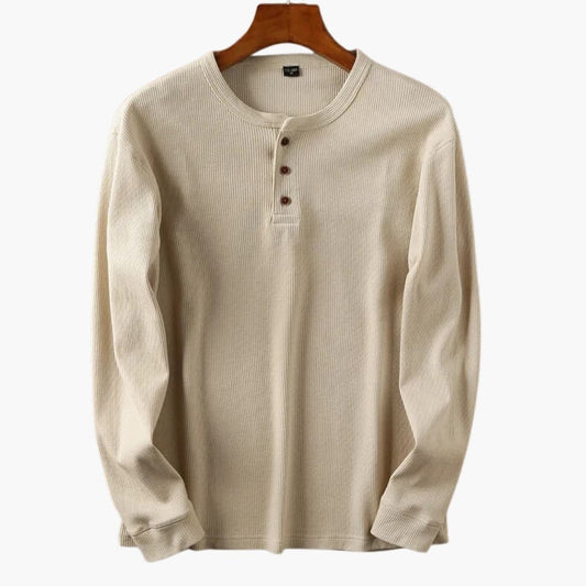 Men's Long Sleeve Henley T-Shirt with Round Neck and Button Placket - 1