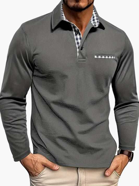 Men's Long Sleeve Polo with Checkered Collar and Pocket, Slim Fit - 1