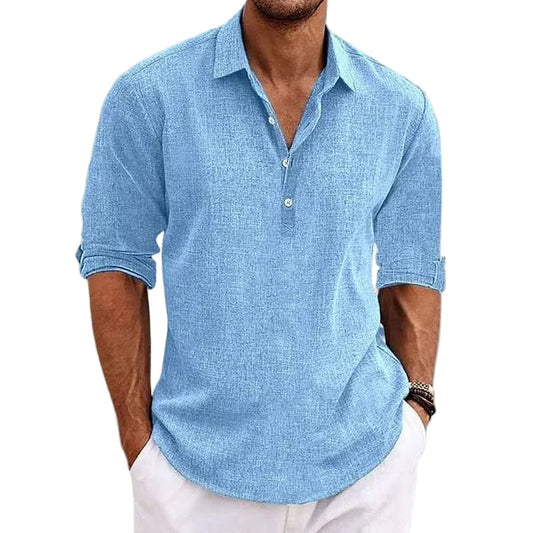 Men's Long Sleeve Polo with Classic Collar and Partial Button Placket - 1