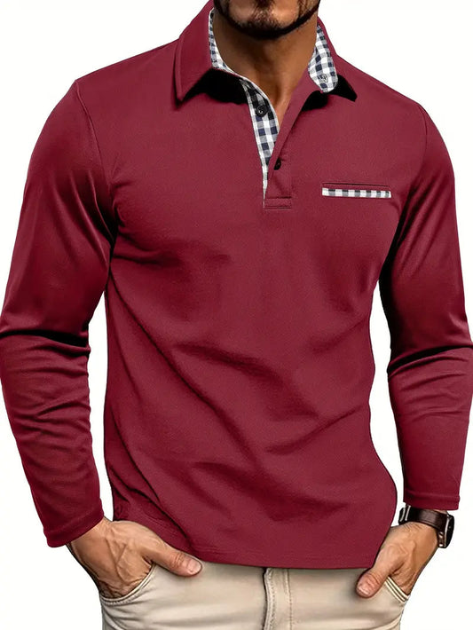Men's Long Sleeve Polo with Plaid Collar and Chest Pocket - 1