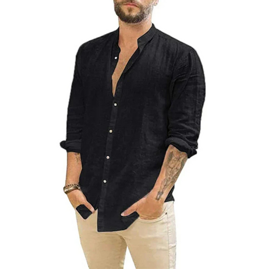 Men's Long Sleeve Shirt with Mao Collar and Buttons - 1