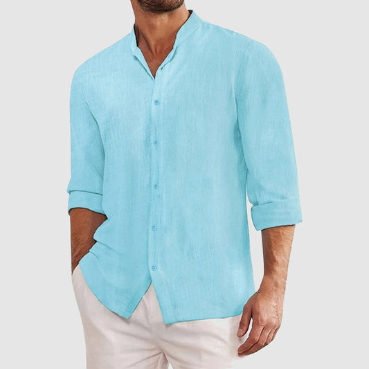 Men's Long Sleeve Shirt with Mao Collar and Buttons - 1
