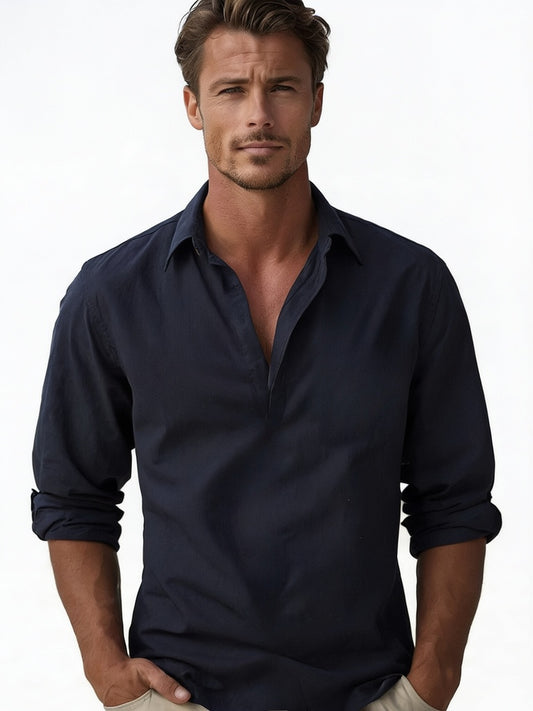 Men's Long Sleeve Shirt with Mao Collar and Partial Buttoning - 1