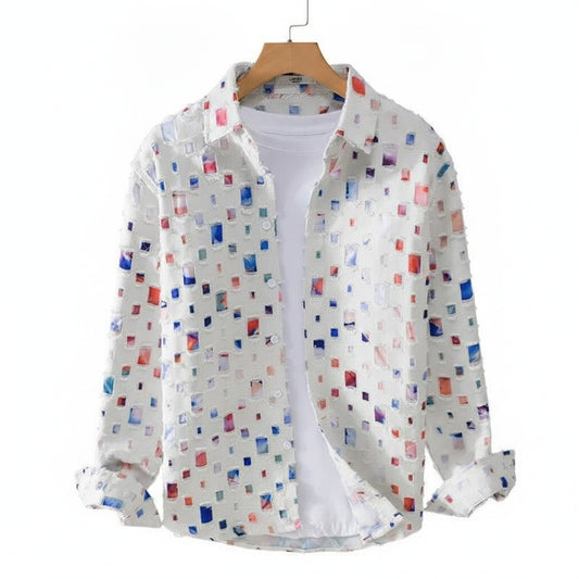 Men's Long Sleeve Shirt with Plaid Print and Frayed Edges - 1