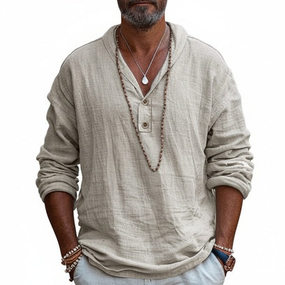 Men's Long Sleeve Shirt with V-Neck and Buttons - 1
