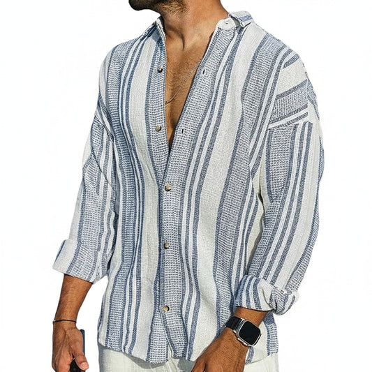 Men's Long Sleeve Striped Shirt with Button-Down Collar - 1