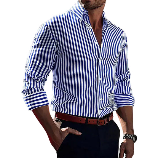 Men's Long Sleeve Vertical Striped Shirt with Buttoned Collar - 1