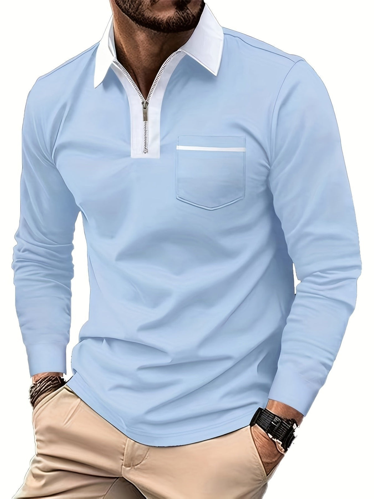 Men's Long Sleeve Zip Polo Shirt with Chest Pocket