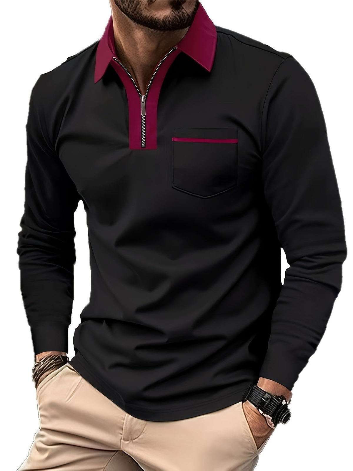 Men's Long Sleeve Zip Polo Shirt with Chest Pocket