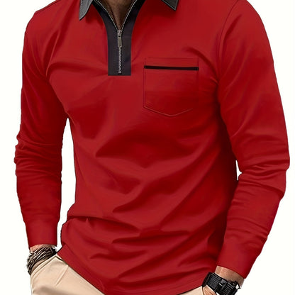 Men's Long Sleeve Zip Polo Shirt with Chest Pocket