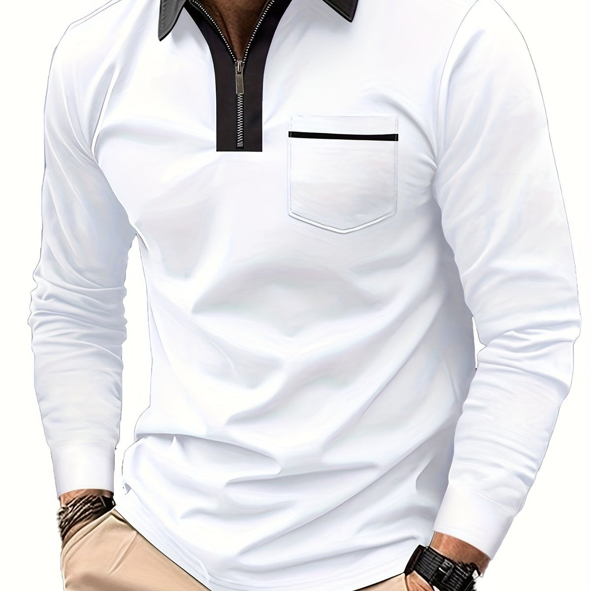 Men's Long Sleeve Zip Polo Shirt with Chest Pocket