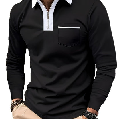 Men's Long Sleeve Zip Polo Shirt with Chest Pocket