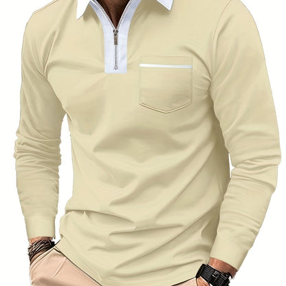 Men's Long Sleeve Zip Polo Shirt with Chest Pocket