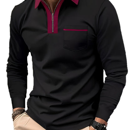 Men's Long Sleeve Zip Polo Shirt with Chest Pocket