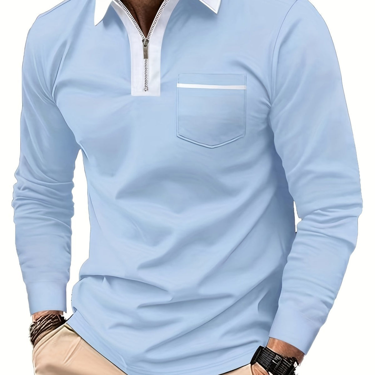 Men's Long Sleeve Zip Polo Shirt with Chest Pocket