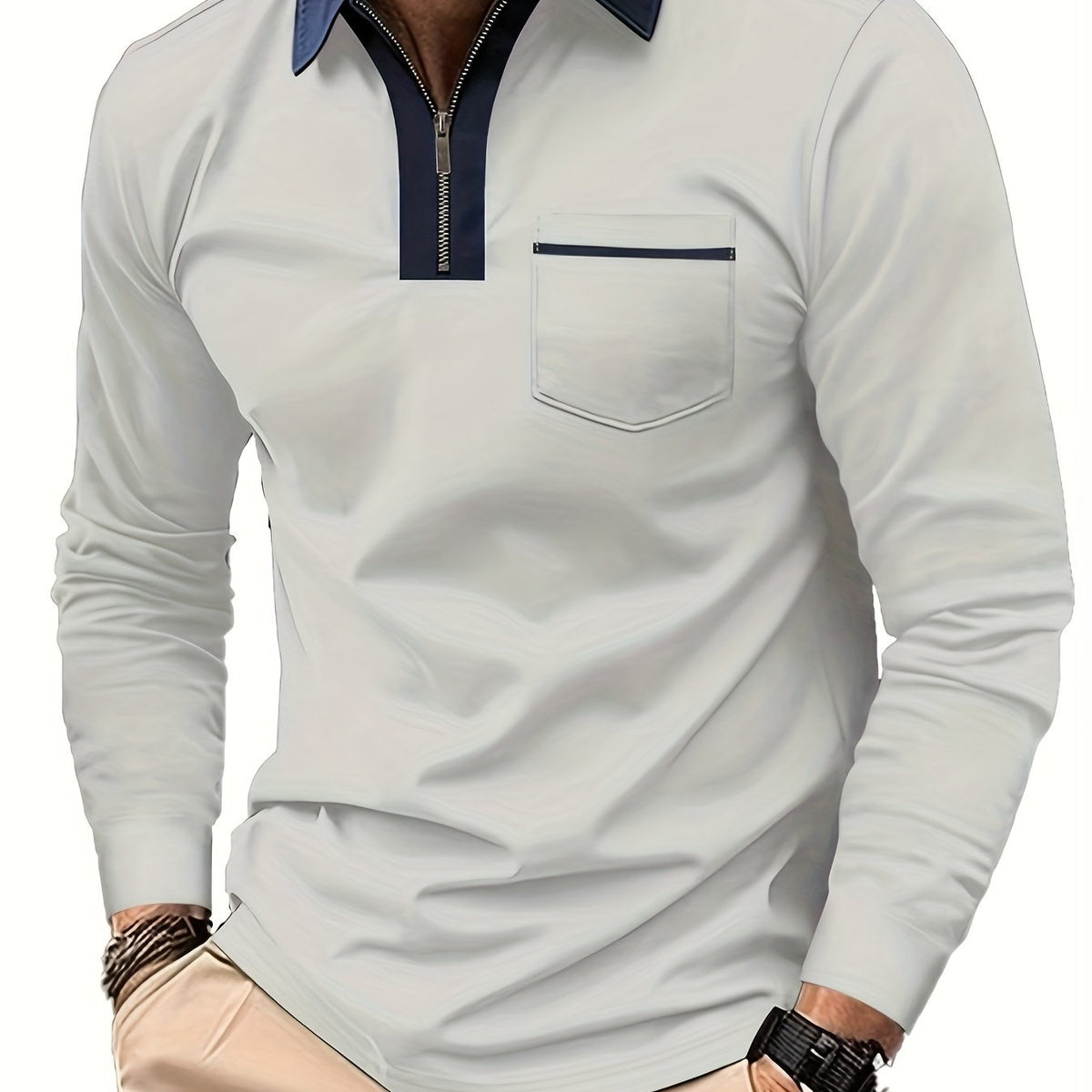 Men's Long Sleeve Zip Polo Shirt with Chest Pocket