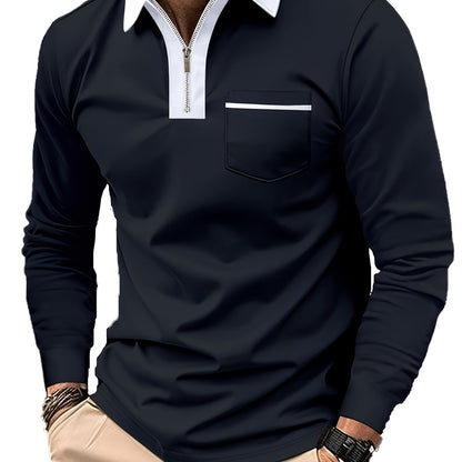 Men's Long Sleeve Zip Polo Shirt with Chest Pocket