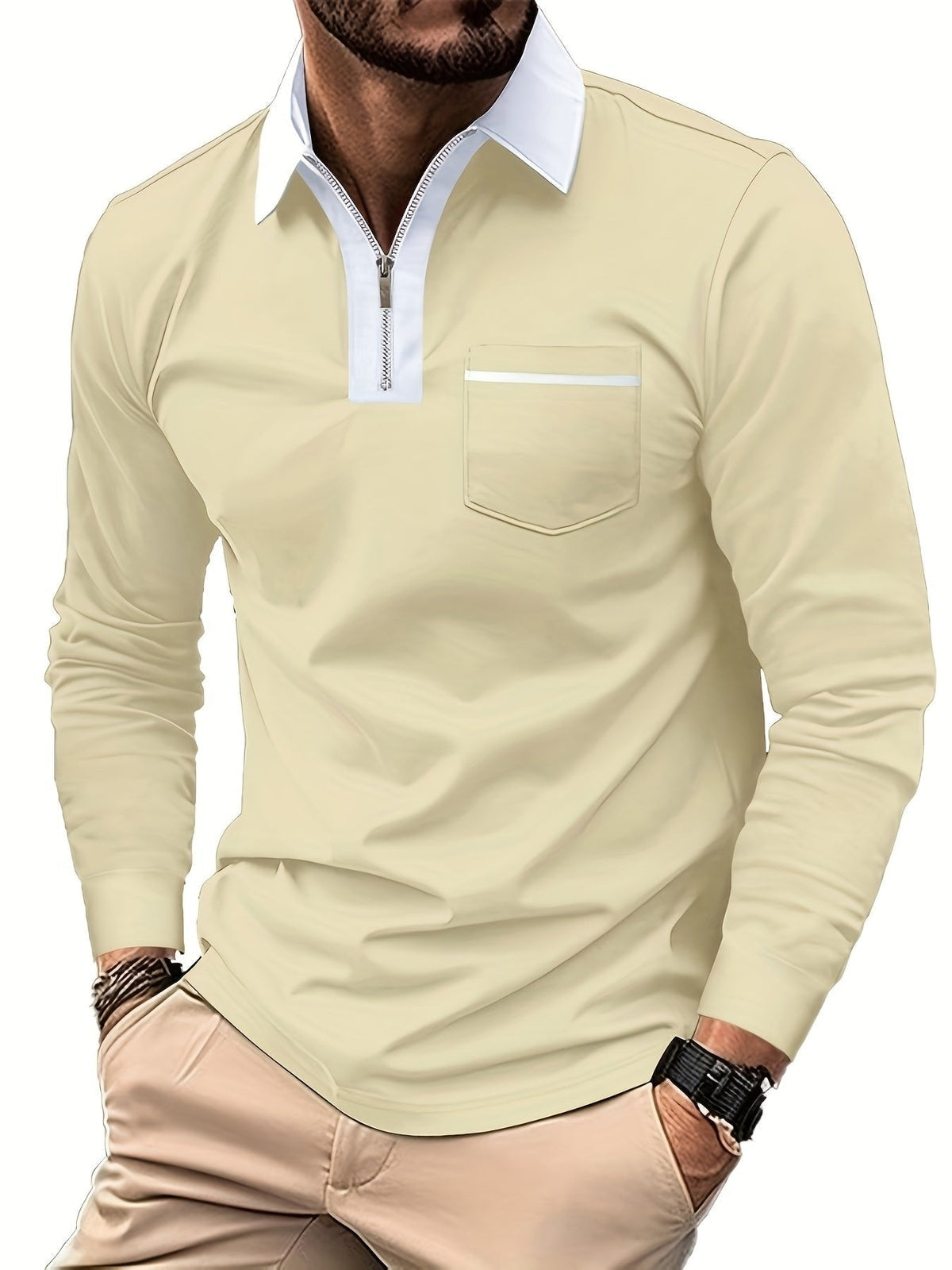 Men's Long Sleeve Zip Polo Shirt with Chest Pocket
